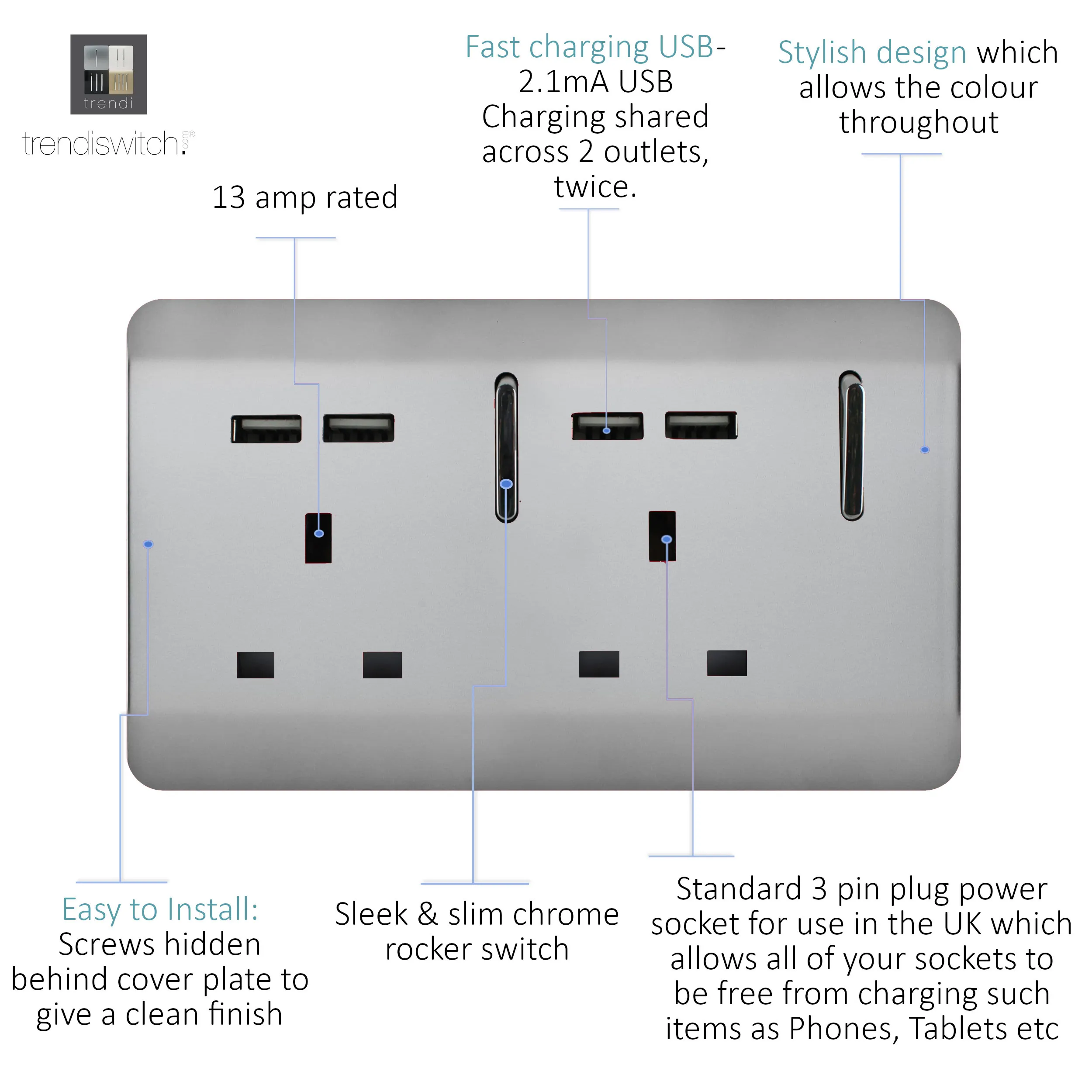 2 Gang 13Amp Switched Double Socket With 4X 2.1Mah USB Brushed Steel ART-SKT213USBBS  Trendi Brushed Steel